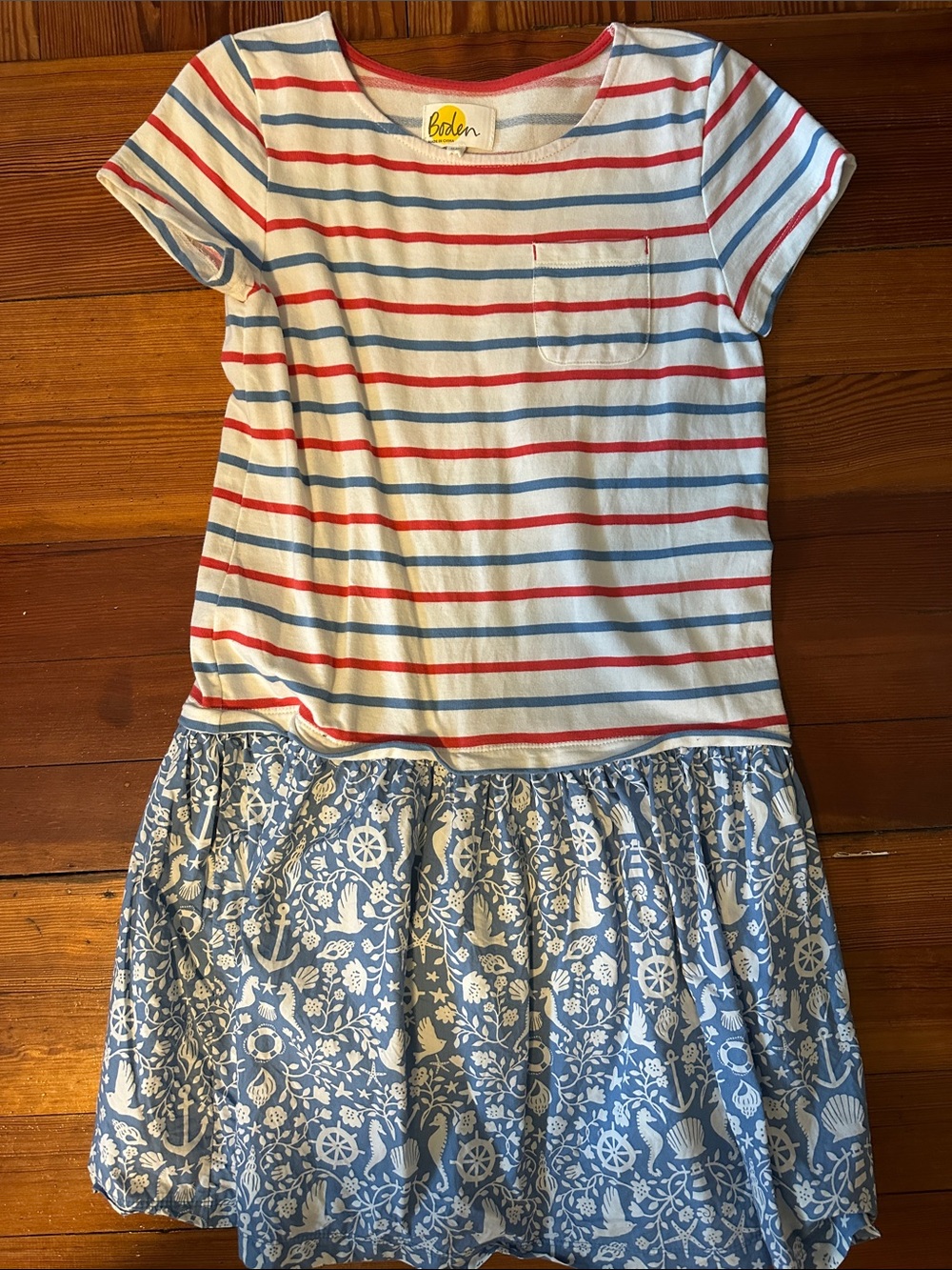 Mini Boden White Tee with Red & Blue Stripes and Blue Nautical Skirt